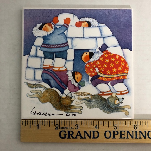 VINTAGE Lavallee Inuit Igloo & Dogs Tile Trivet 95 - Picture 4 of 5
